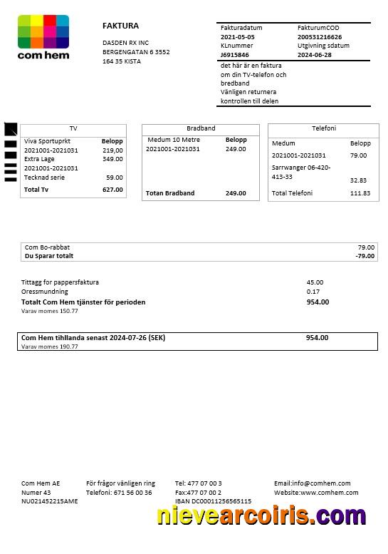 Sweden Com Hem business utility bill